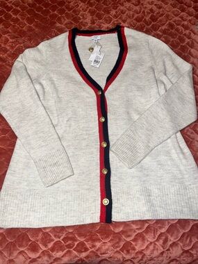 crown & ivy oatmeal Button Cardigan with Red and Navy Trim